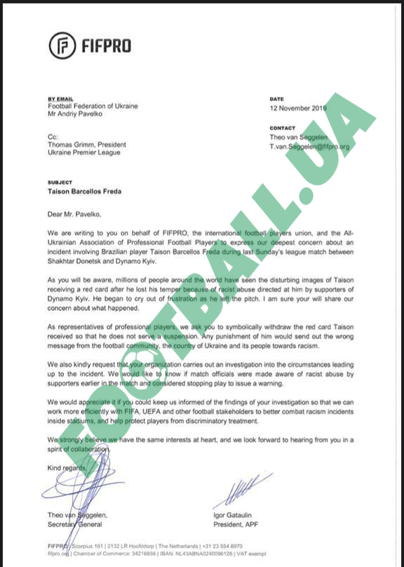 Письмо FIFPro, Football.ua Письмо FIFPro, Football.ua