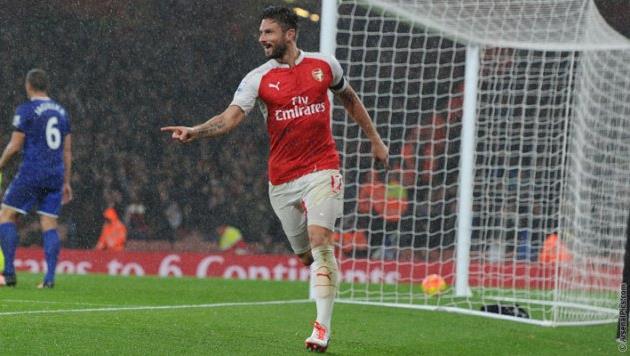 Оливье Жиру празднует забитый мяч в ворота Эвертона, ФК Арсенал