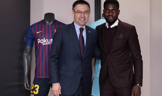 ПрезидентБарселоны Хосеп Мария Бартомеу и Самуэль Умтити, фото ФК Барселона