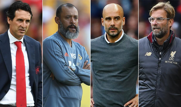 Унаи Эмери, Нуну Эшпириту Санту, Пеп Гвардиола и Юрген Клопп, premierleague.com