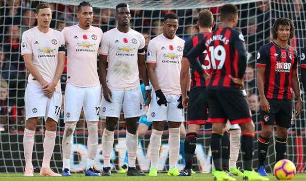 Матич в стенке вместе со Смоллингом, Погба и Мартиалем, Getty Images