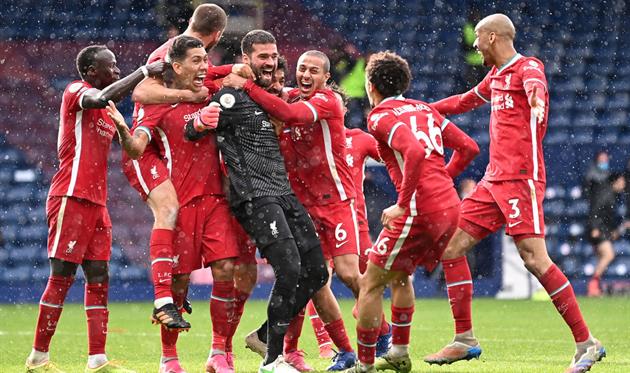 Игроки Ливерпуля после гола Алиссона в ворота Вест Бромвича, Getty Images