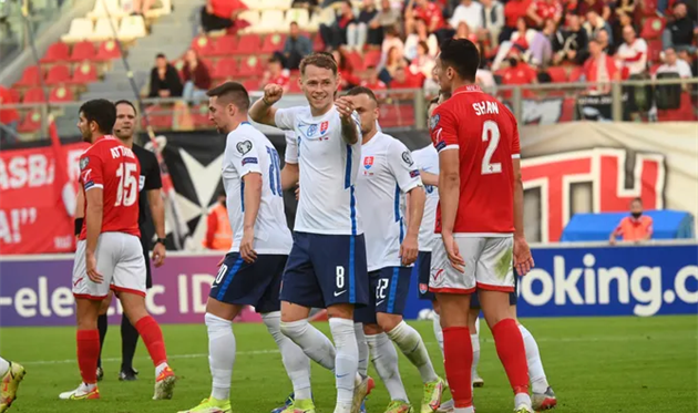 Словакия празднует победу, futbalsfz.sk